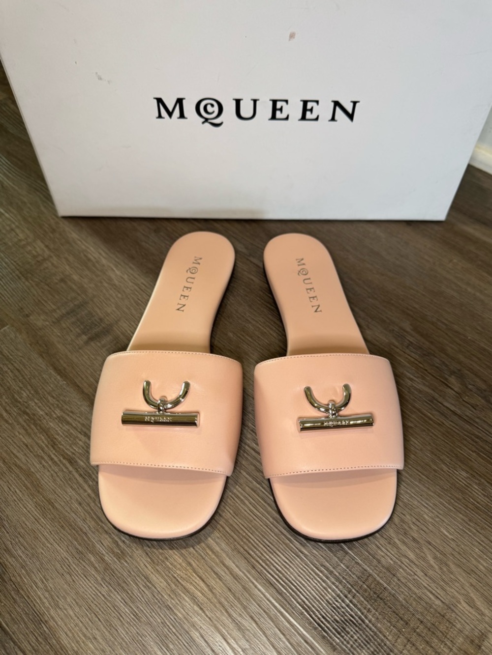 Alexander McQueen T-Bar Slide Leather Sandals in Blush